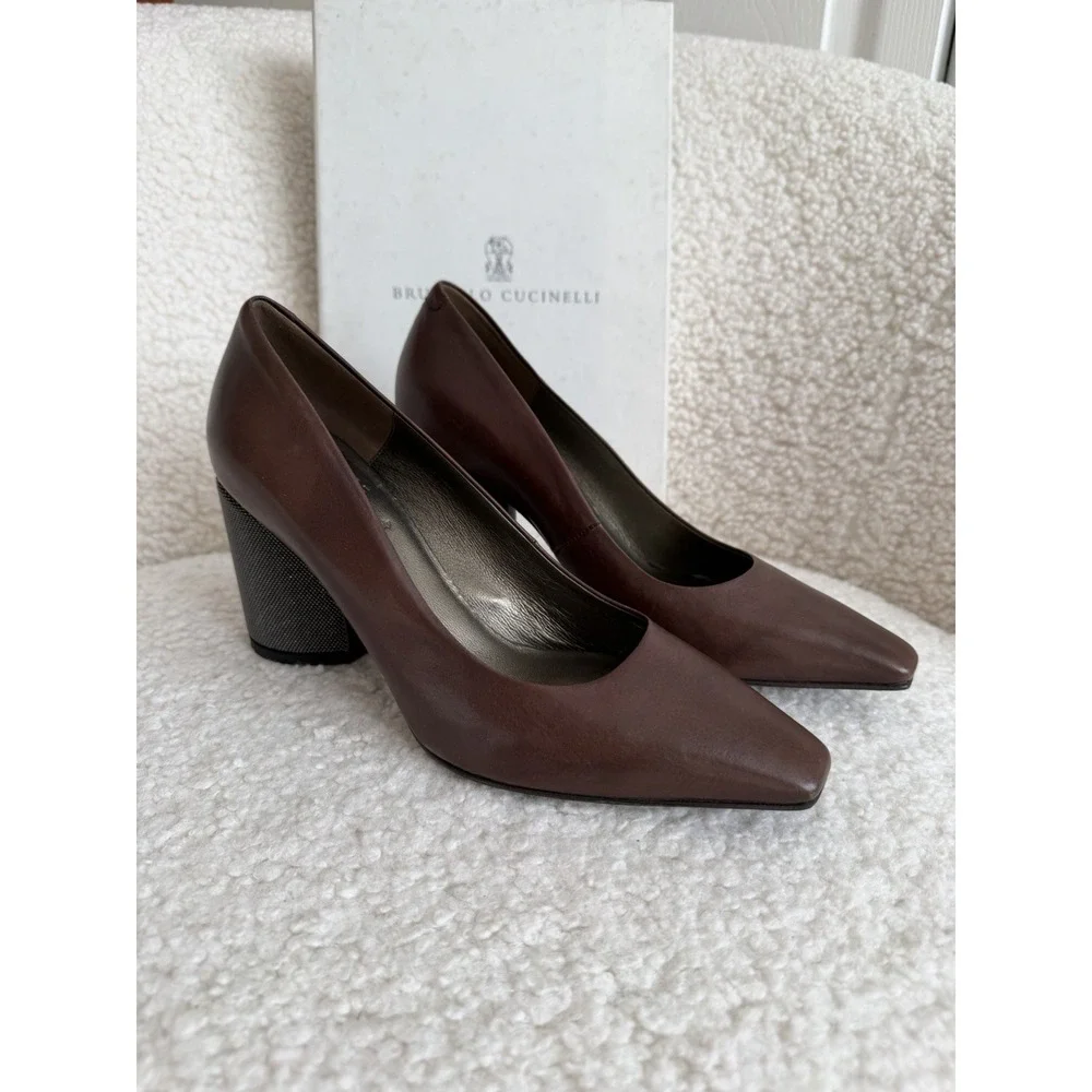 NWT‎ Brunello Cucinelli - Brown Leather And Caviar Beads Block Heel Size 37